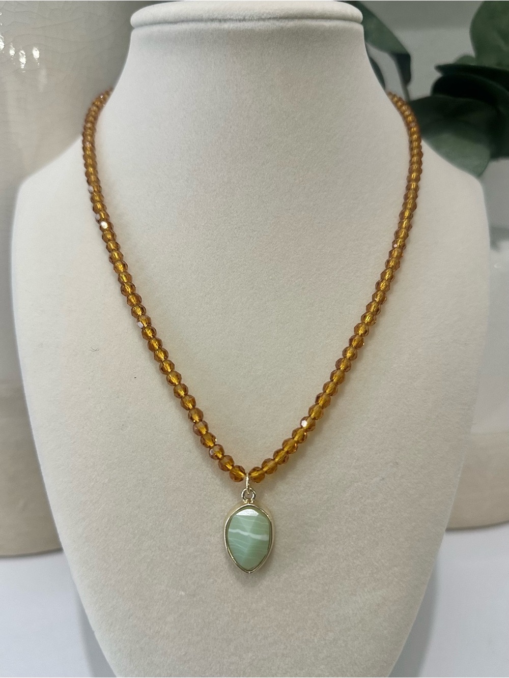 Plunder Amber Bead Necklace with Mint Teardrop Pendant